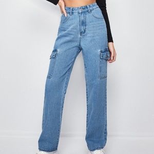 High Waisted Flap Pocket Straight Leg Jeans